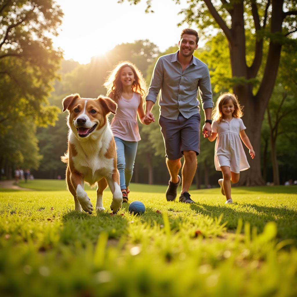  A happy family with their newly adopted dog playing in a park