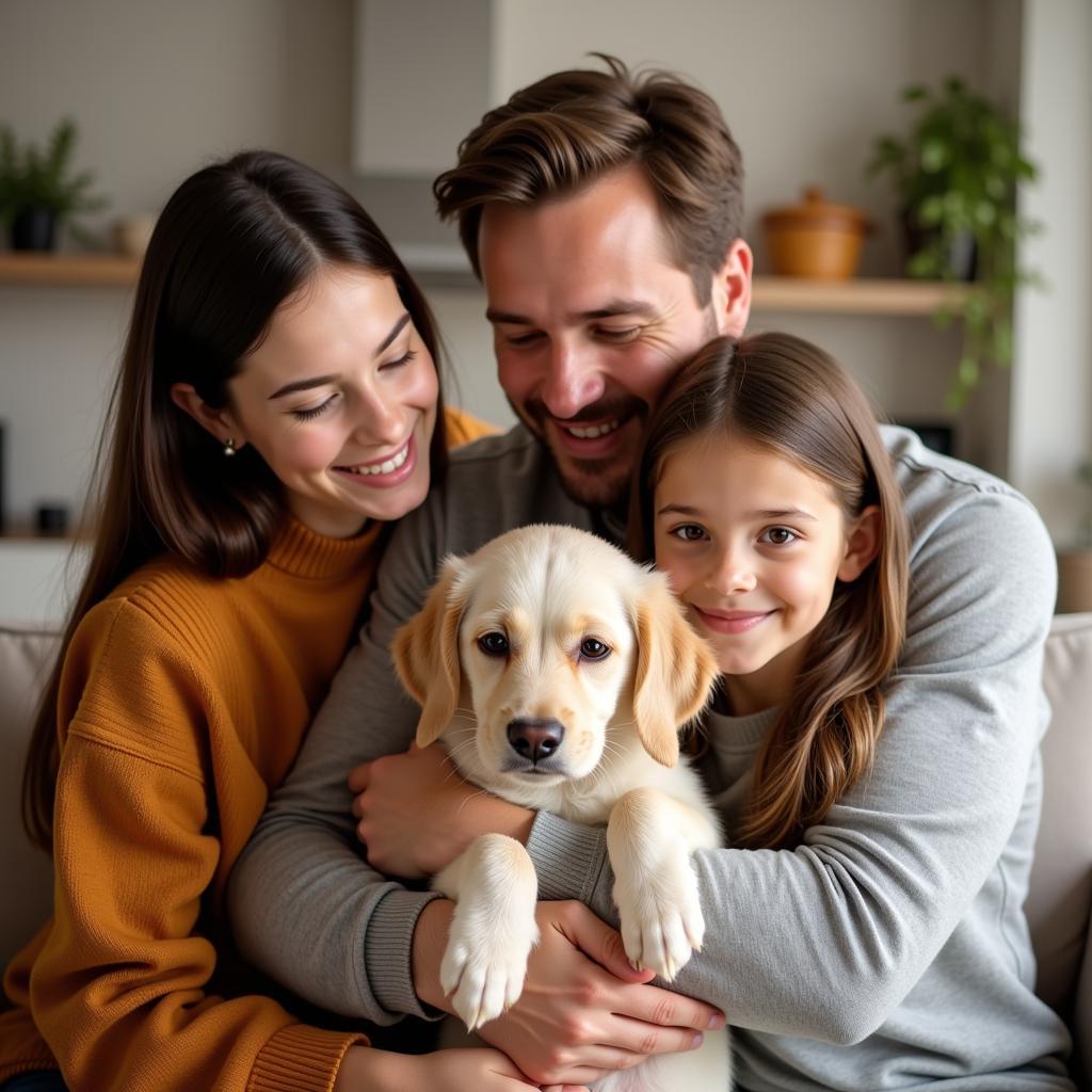 Smiling family embraces their newly adopted dog.