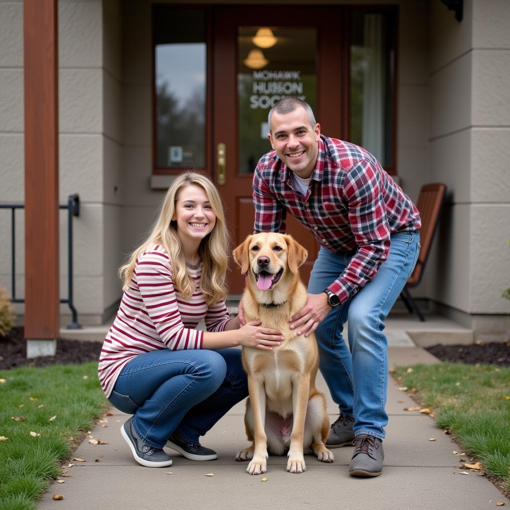  A family smiles and poses for a photo with their newly adopted dog outside the Mohawk Hudson Humane Society