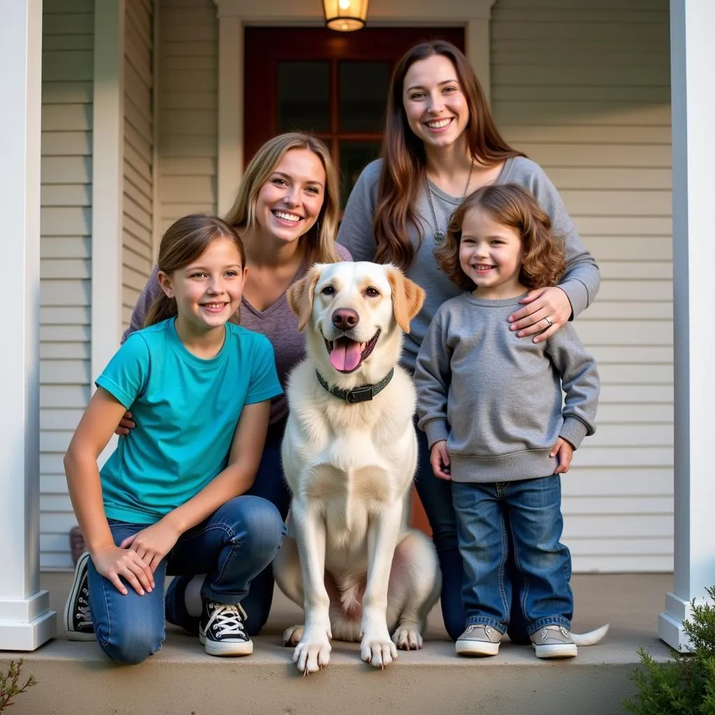 A joyful family poses with their newly adopted dog in front of their home, a dog leash hanging from the father's wrist.