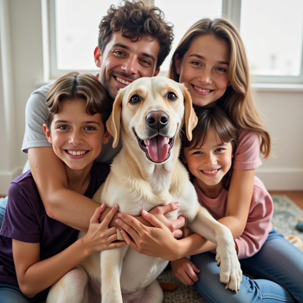 A joyful family poses with their newly adopted dog from the Humane Society of Central Texas