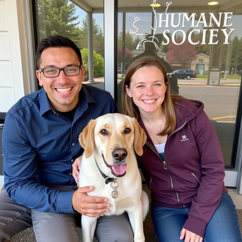 A happy family smiles with their newly adopted dog outside the Humane Society of Florence Oregon