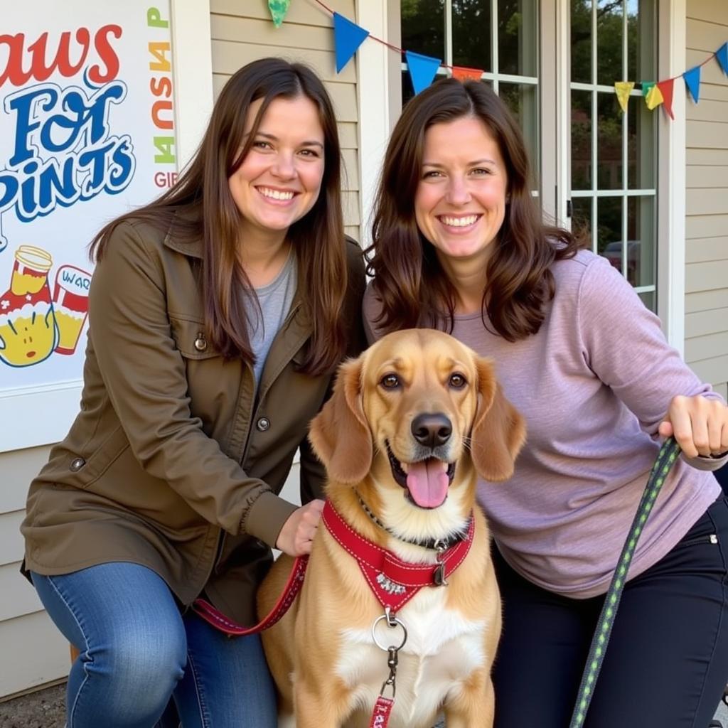  A family poses happily with their newly adopted dog at a Paws for Pints event