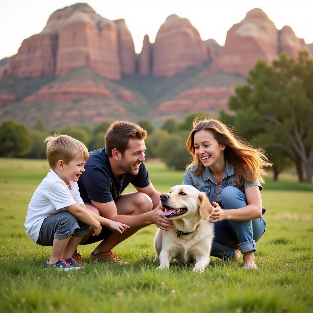 Family playing with their newly adopted dog in Sedona