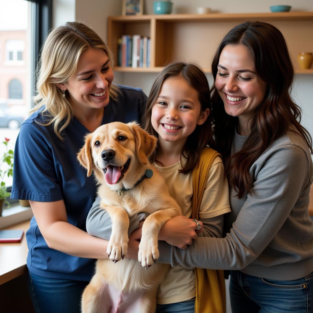 A happy family adopting a dog from a local humane society