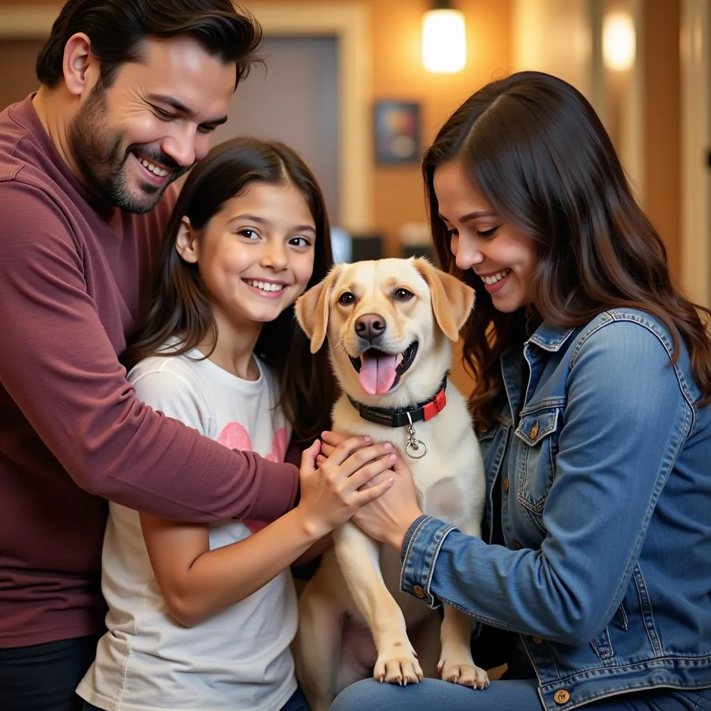 A family smiling as they adopt a dog from the Gregg County Humane Society