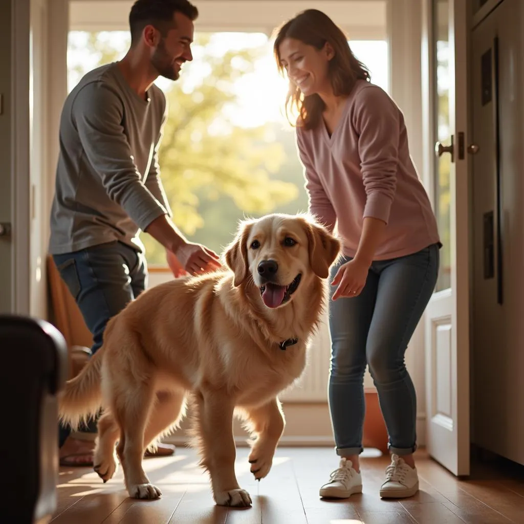 Happy family welcoming their adopted dog home