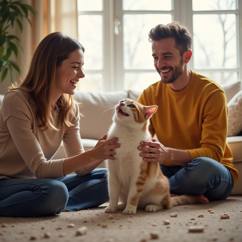 Finding forever homes: A heart-warming scene of a family happily interacting with their newly adopted cat in their living room