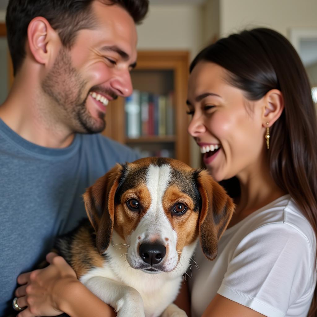 Happy family with their adopted dog