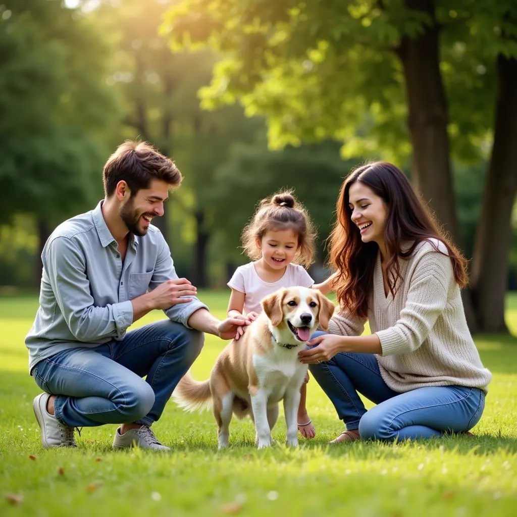 A smiling family enjoys time with their newly adopted dog in a park setting. 