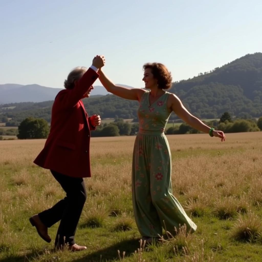 Harold and Maude dancing in a field