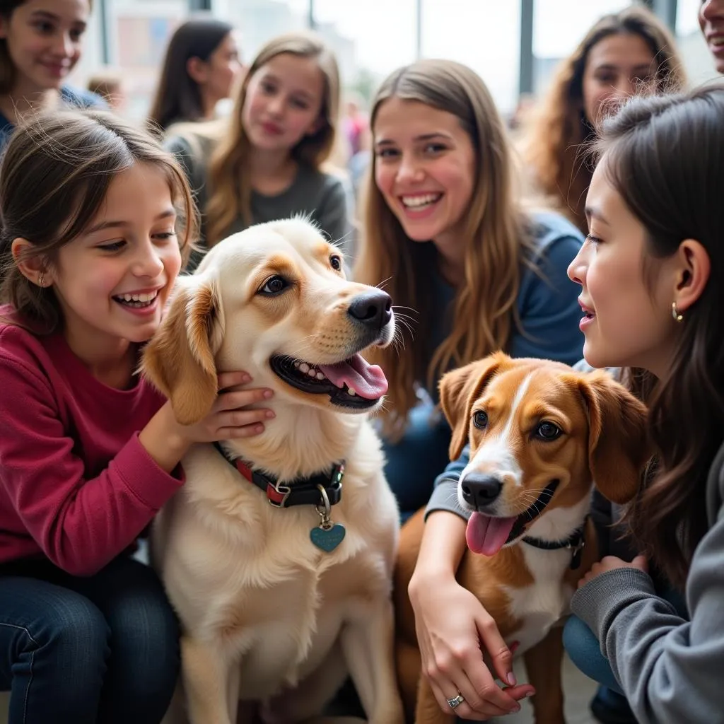 Joyful families meeting their new furry friends at a Harris County Humane Society adoption event