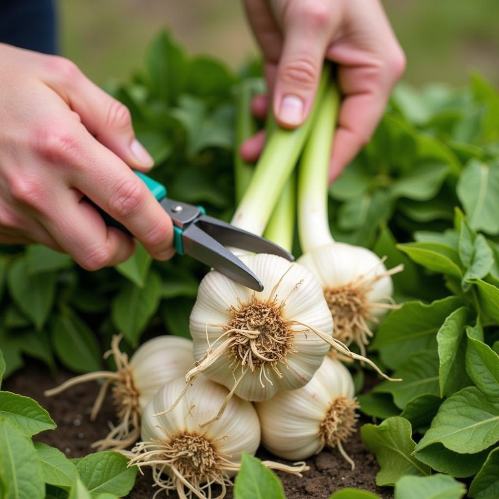 A Close-up of Hands Harvesting Society Garlic for Culinary Use