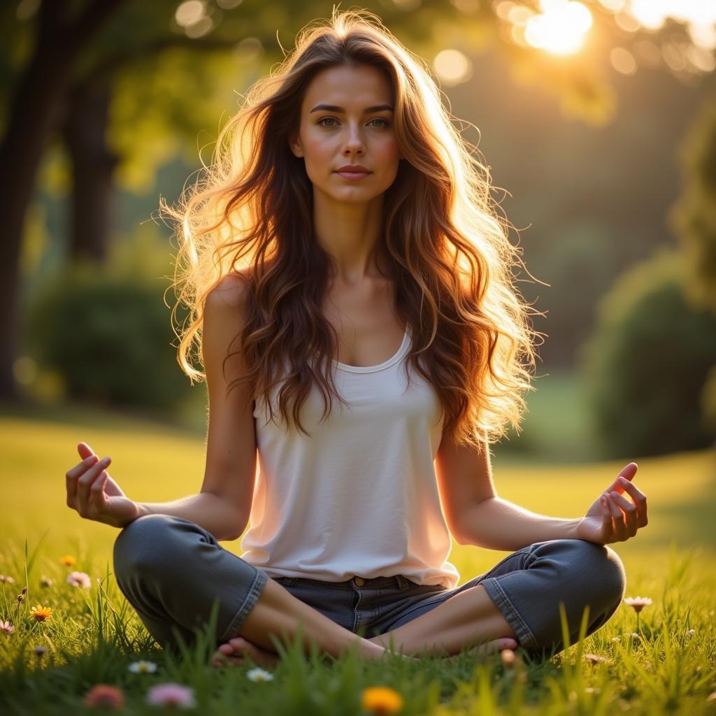 Woman meditating with lush hair