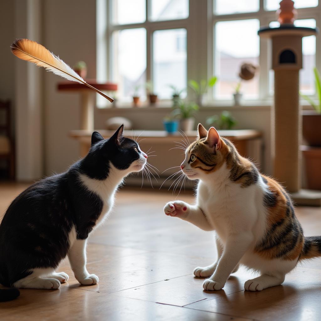 Two cats play with a feather toy in a spacious room.