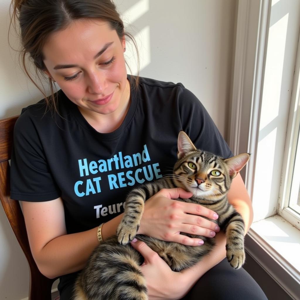 A Heartland volunteer cuddles a tabby cat