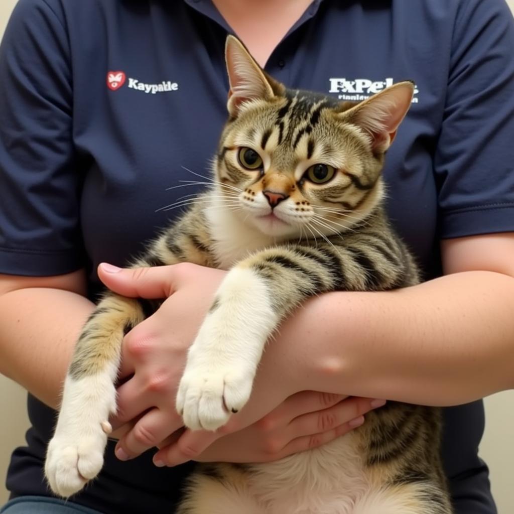 Volunteer cuddling a content cat at Heartland Humane Society