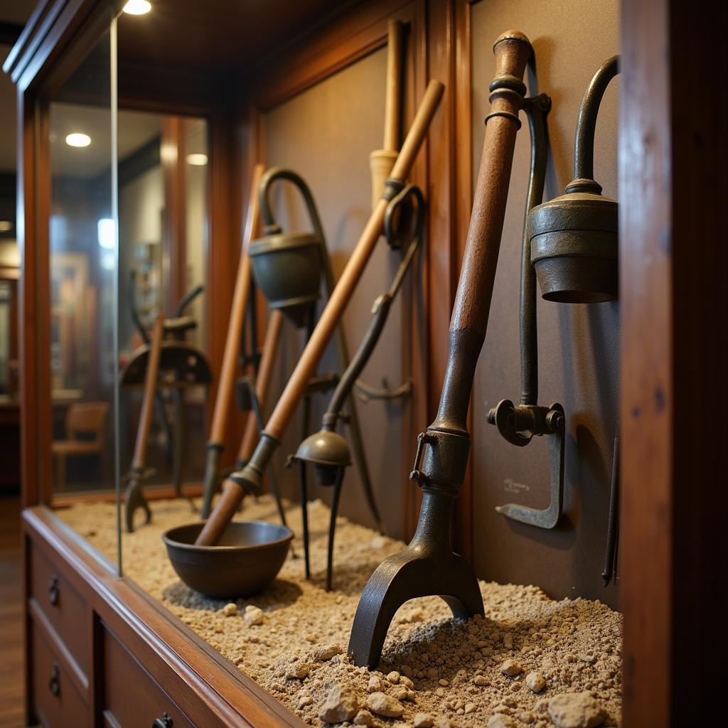 Display case showcasing antique farming tools inside the Henry County Historical Society museum