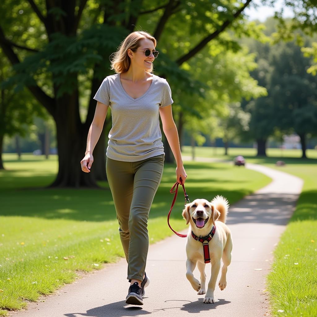 A volunteer walks a happy dog outside the Henry County Humane Society