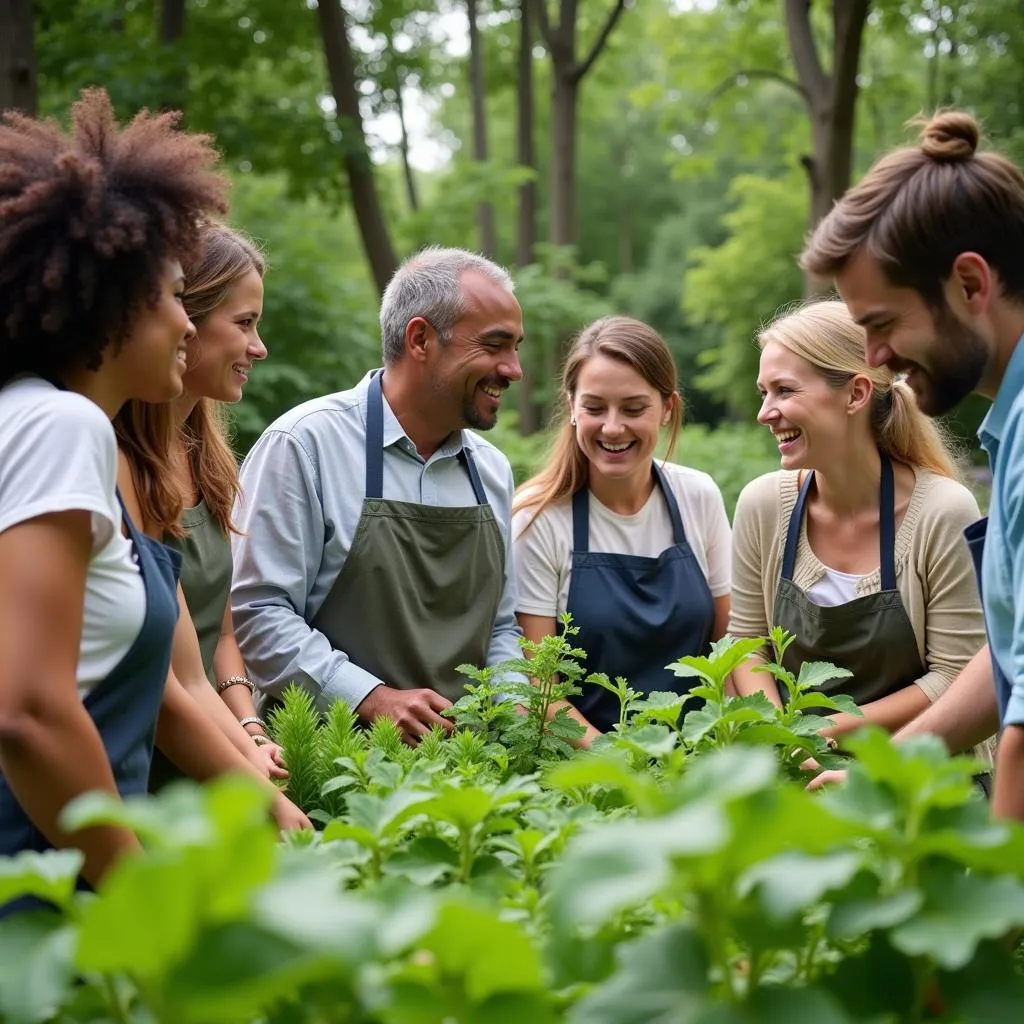 People gathered in a vibrant herb garden