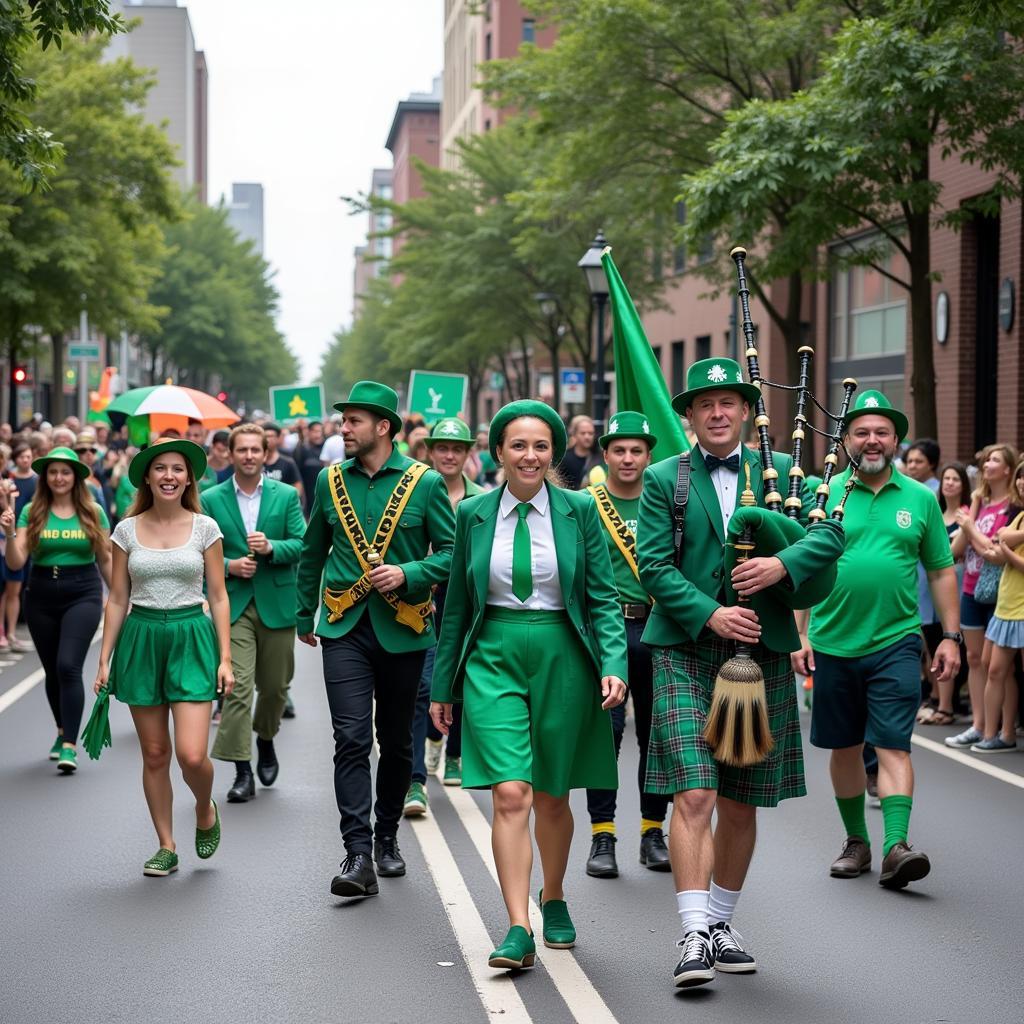 A lively St. Patrick's Day parade in Charleston, with members of the Hibernian Society marching in traditional attire.