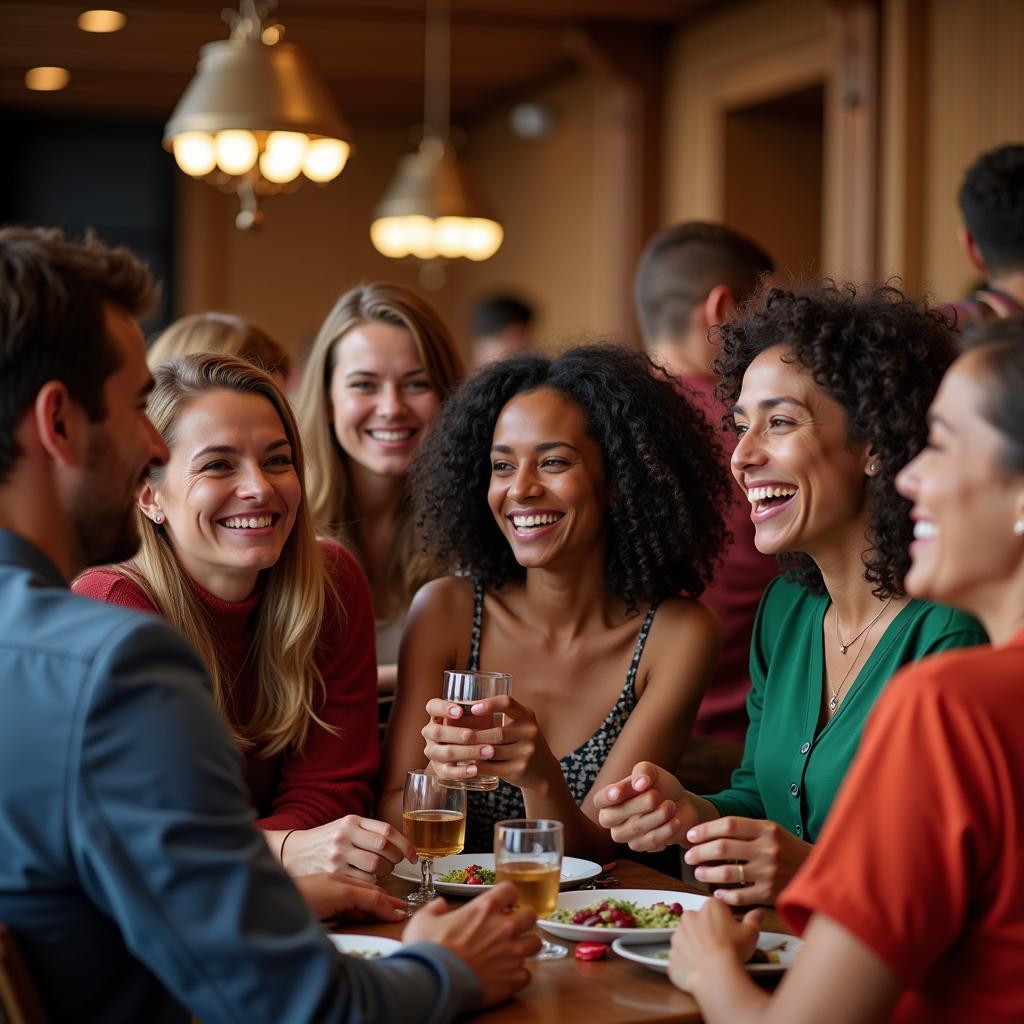 Diverse group of individuals engaged in conversation and laughter