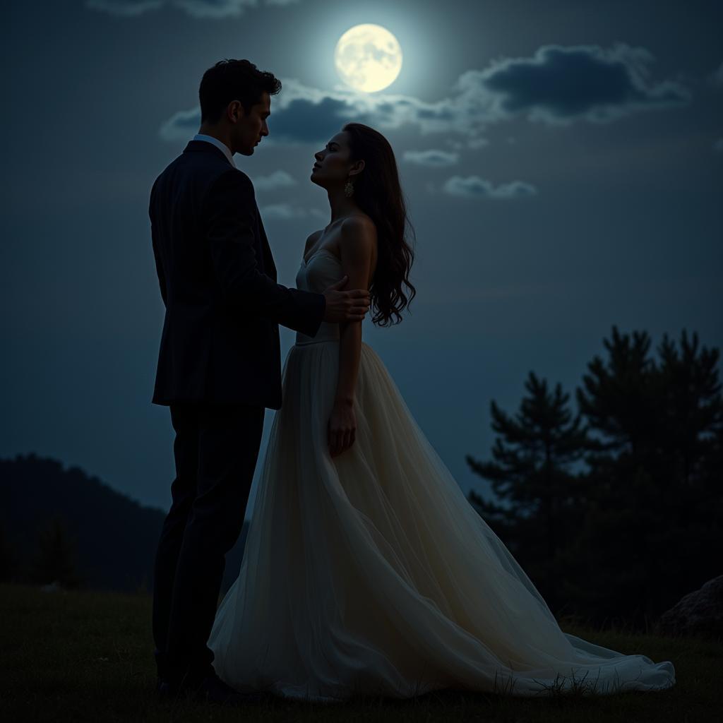 A couple embracing under a moonlit sky