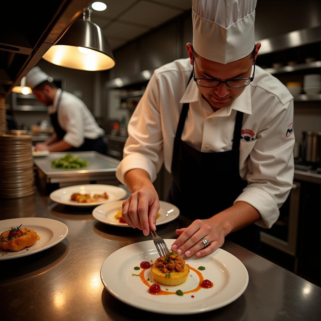 A Chef Meticulously Plating a Dish in a High Society Restaurant Kitchen