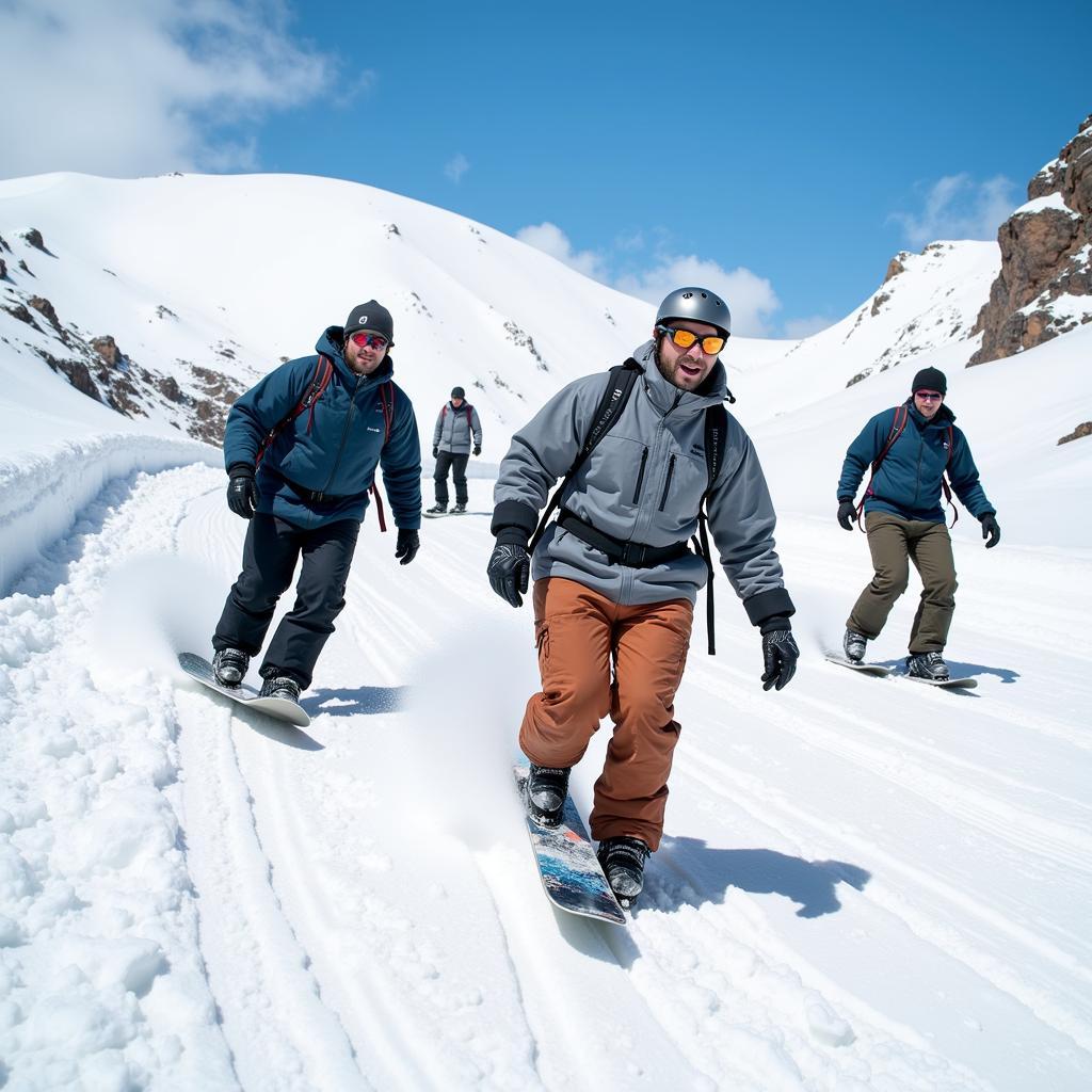 Snowboarders in designer gear enjoying a day on the slopes.