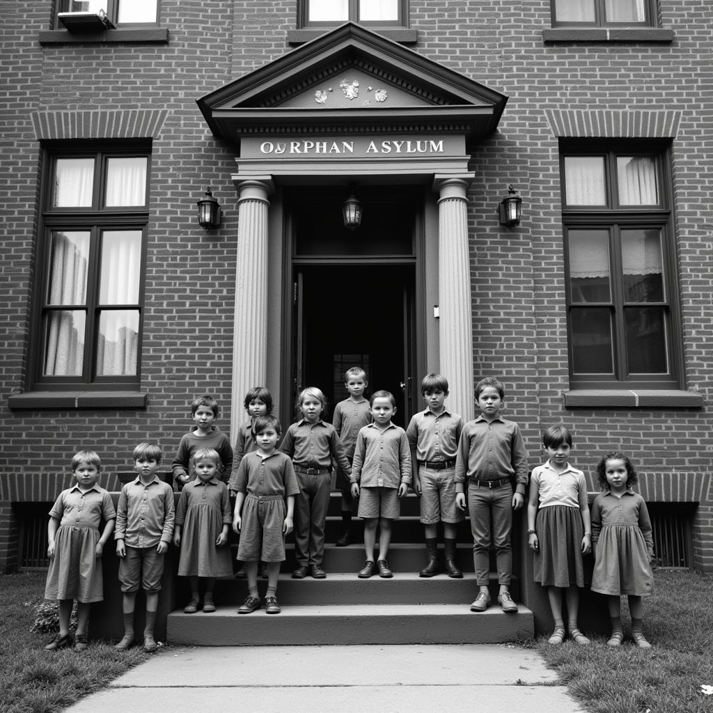 Children standing outside a grand Victorian-era building, identified as an orphan asylum.