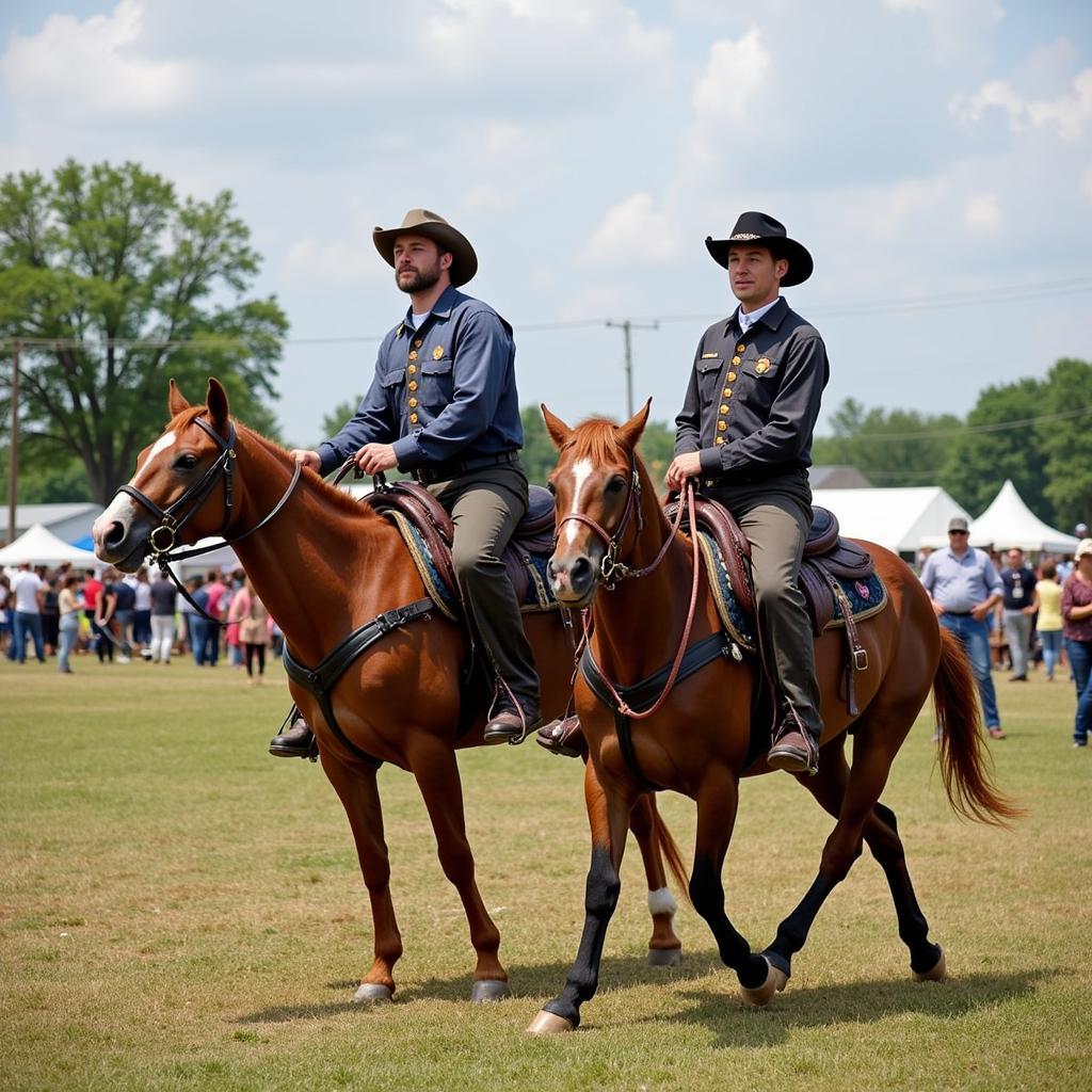 A group of people in period costumes participating in a historical reenactment at a county fair.