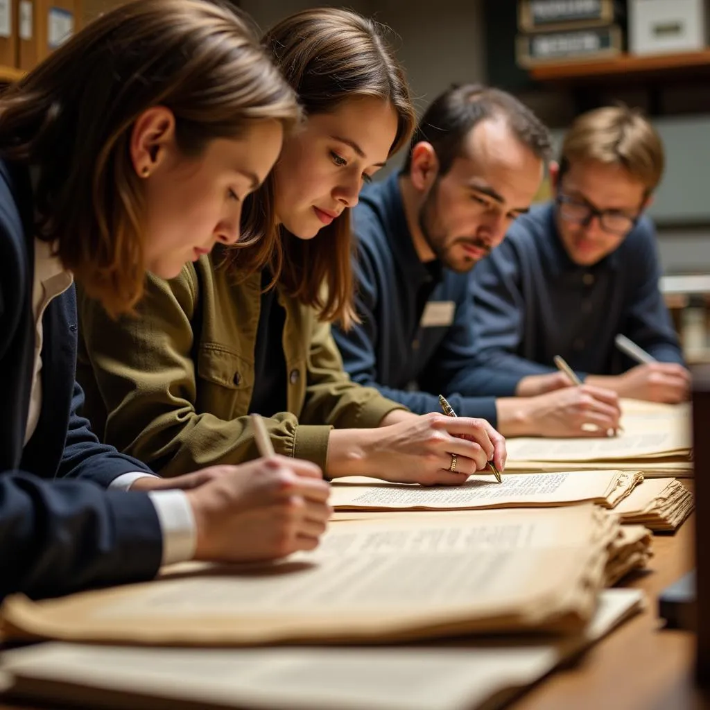 Volunteers meticulously archiving historical documents