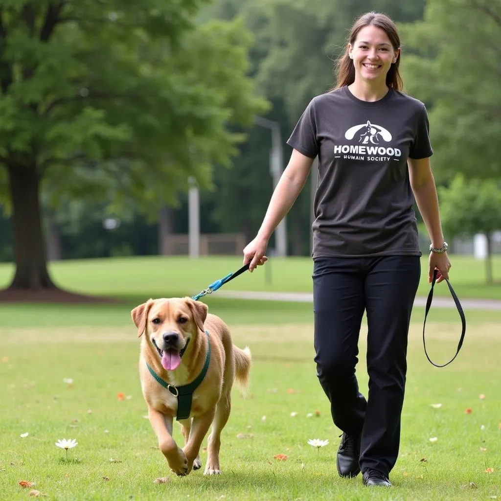 Volunteer Walking a Rescued Dog at Homewood Humane Society