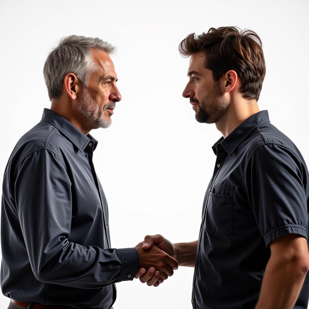 Two men shaking hands firmly after a discussion