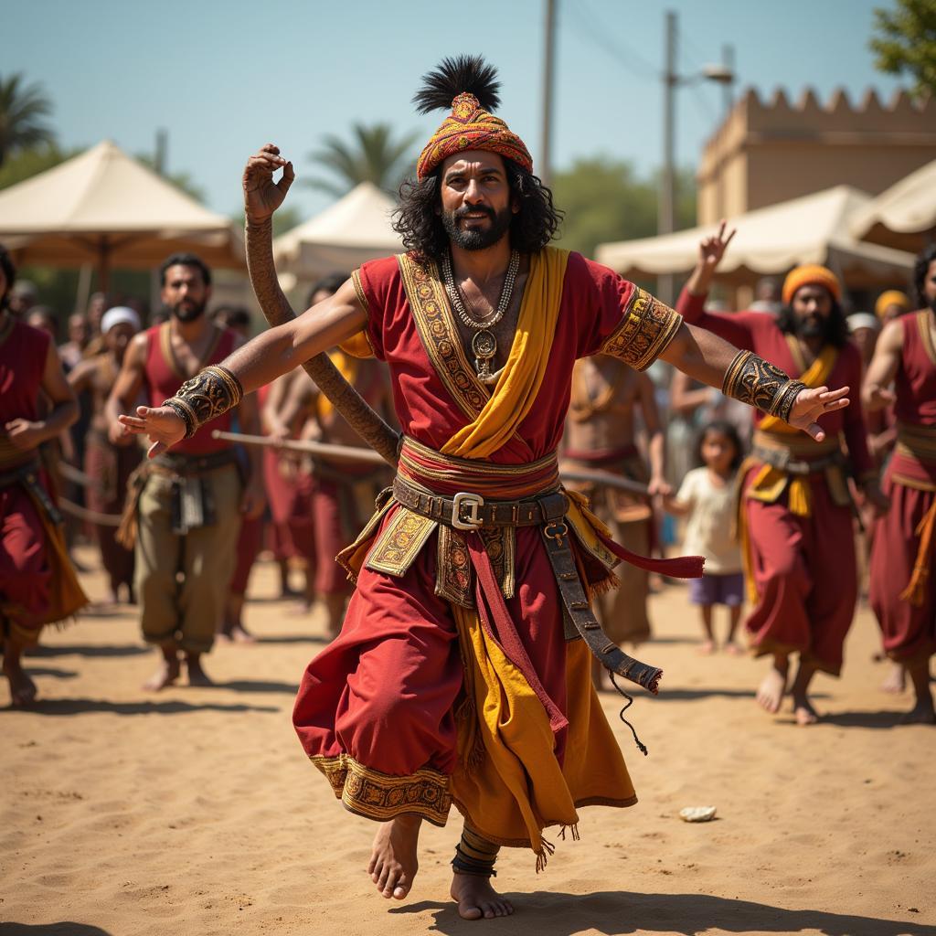 Man in traditional attire performing a warrior dance