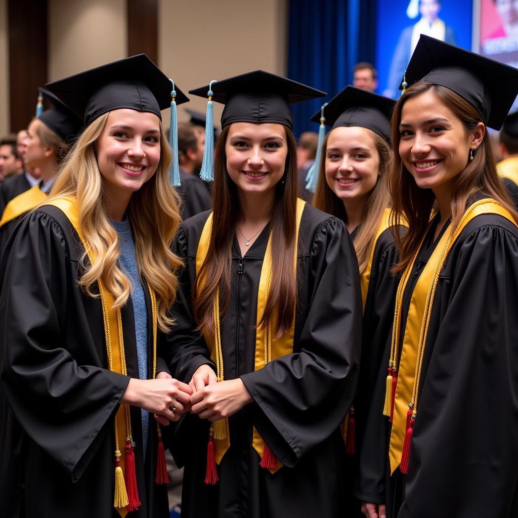 Students receiving honor society cords at a graduation ceremony