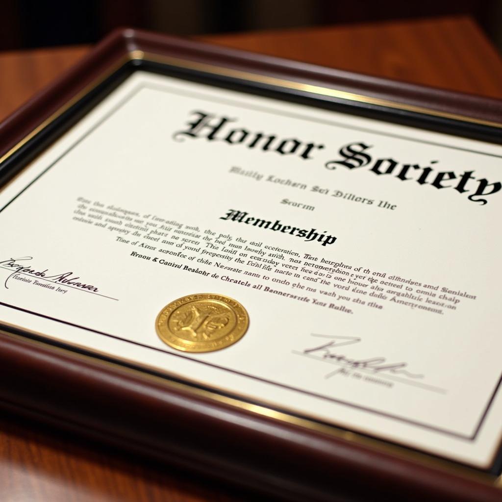 A framed honor society membership certificate with a gold seal.