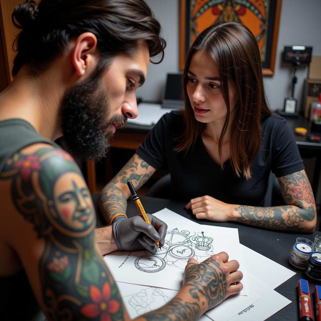 An artist discussing a tattoo design with a client