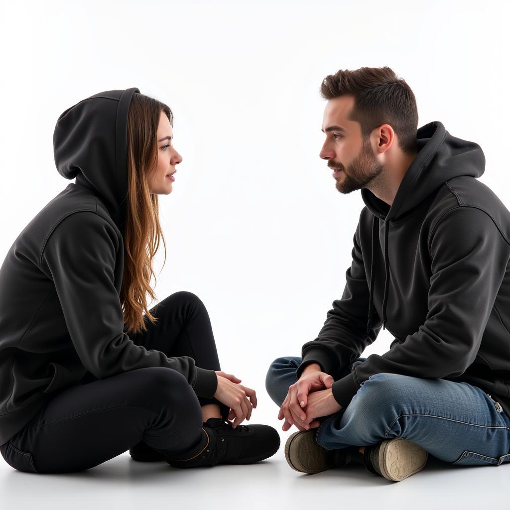 Two people wearing hoodies, engaged in a conversation.