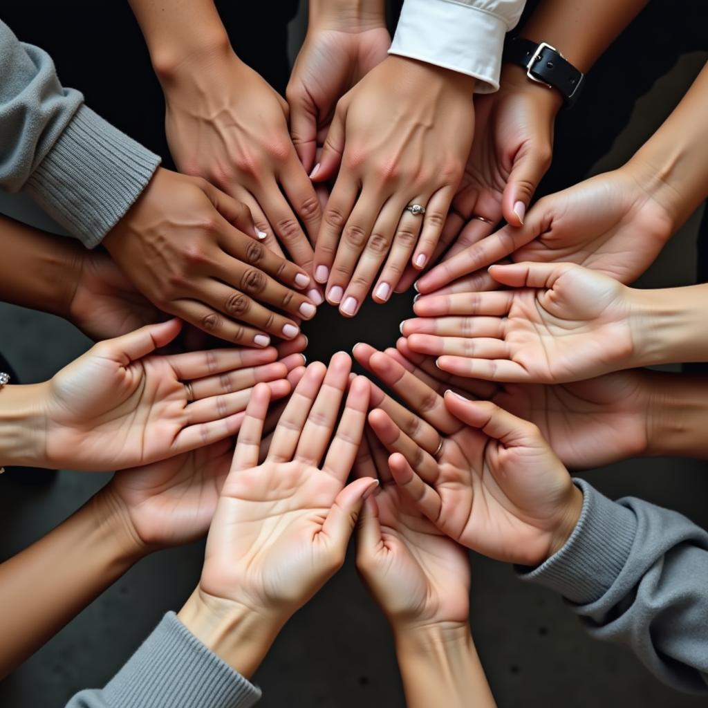 Hands of diverse people reaching upwards, forming a circle.