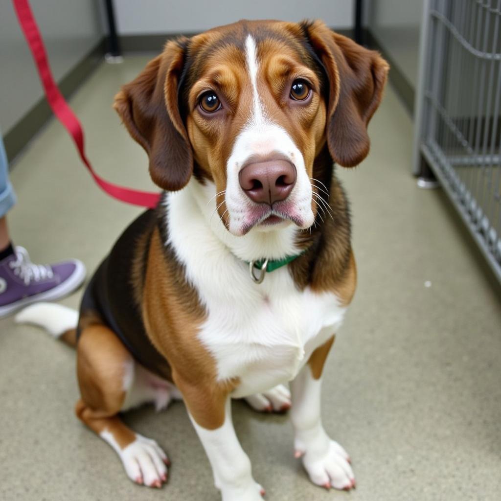 A happy dog at the Hornell Area Humane Society awaits adoption