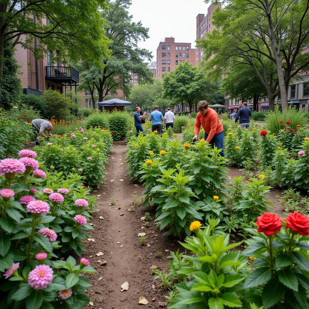 A bustling urban garden cared for by volunteers from the Horticultural Society of New York