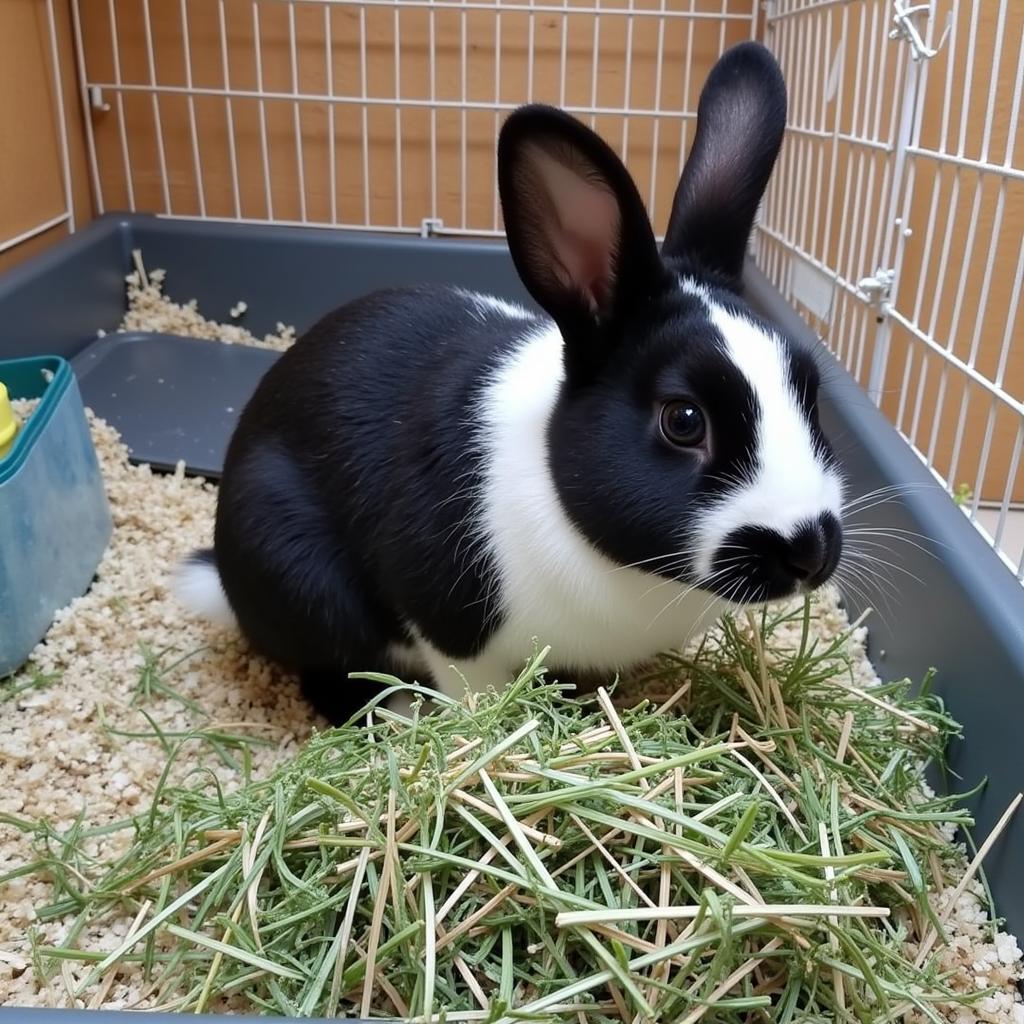 A house rabbit enjoying a healthy meal of hay.