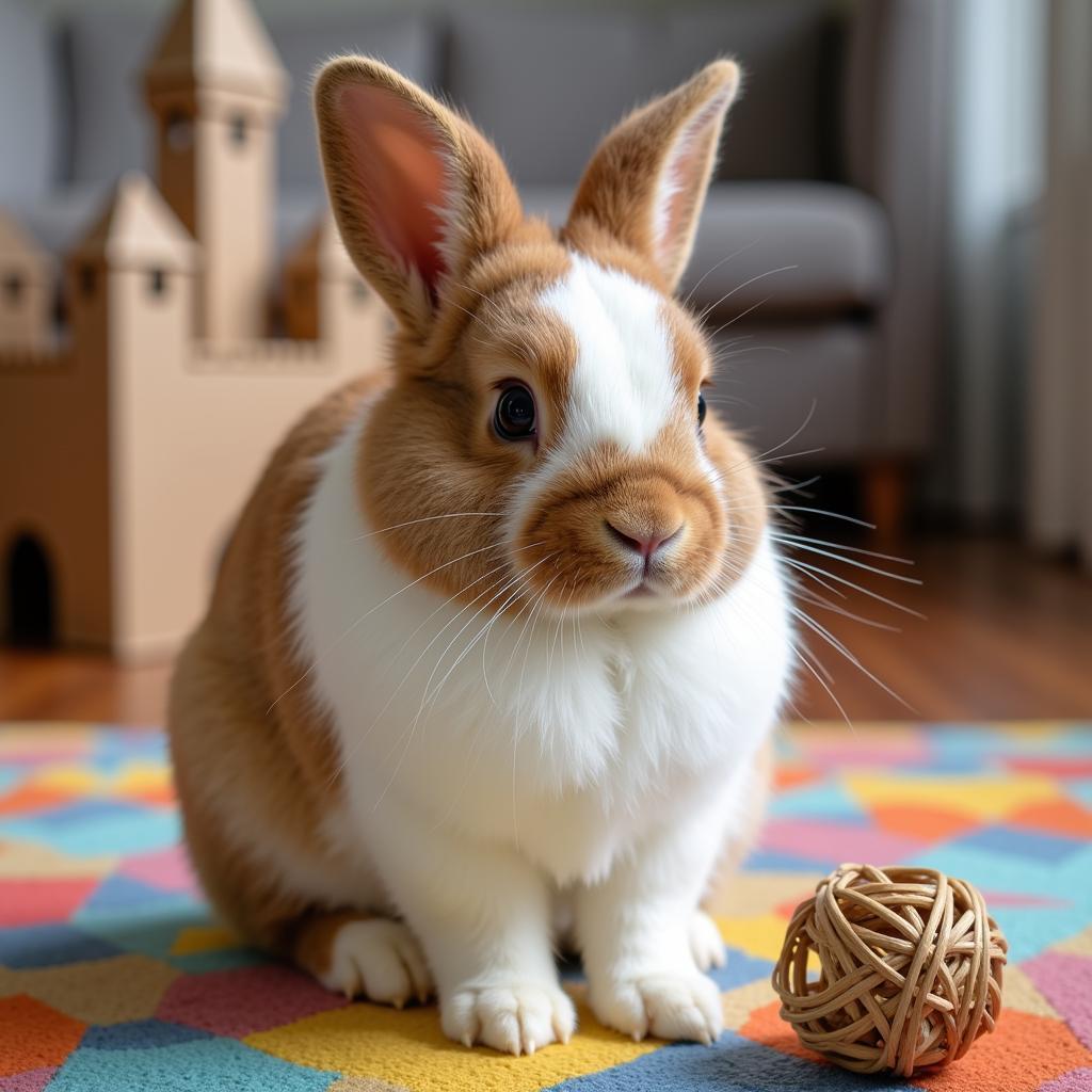 A house rabbit enjoying playtime indoors