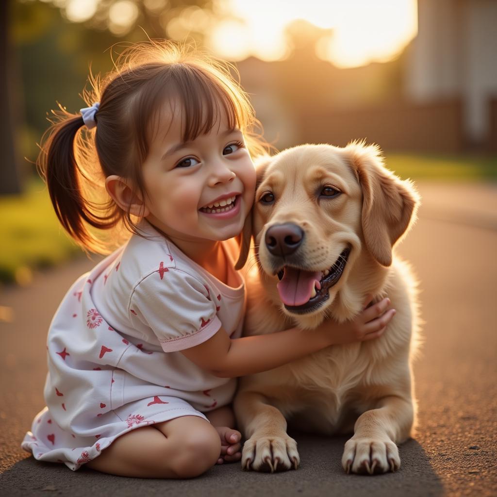 The Human-Animal Bond: A child embraces a fluffy dog, both smiling brightly.