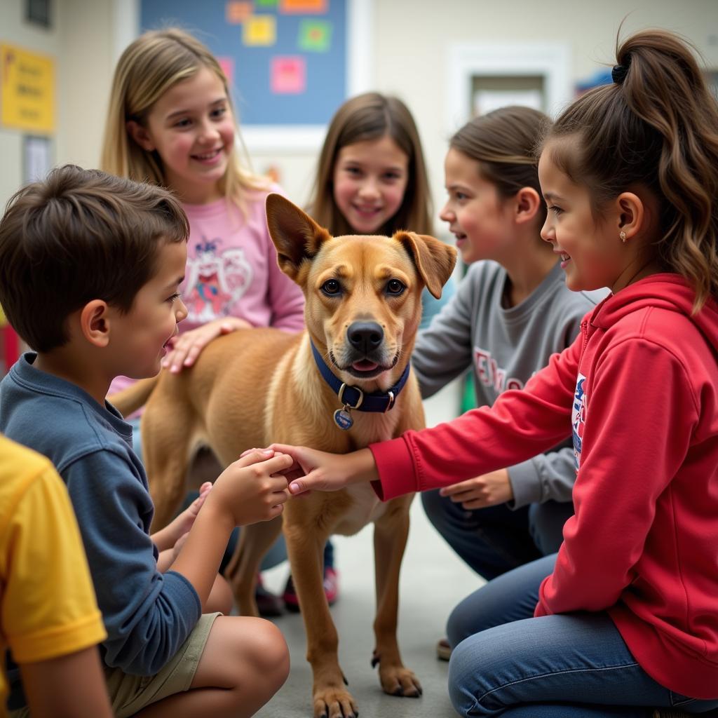 Children participating in a humane education program, learning about responsible pet ownership