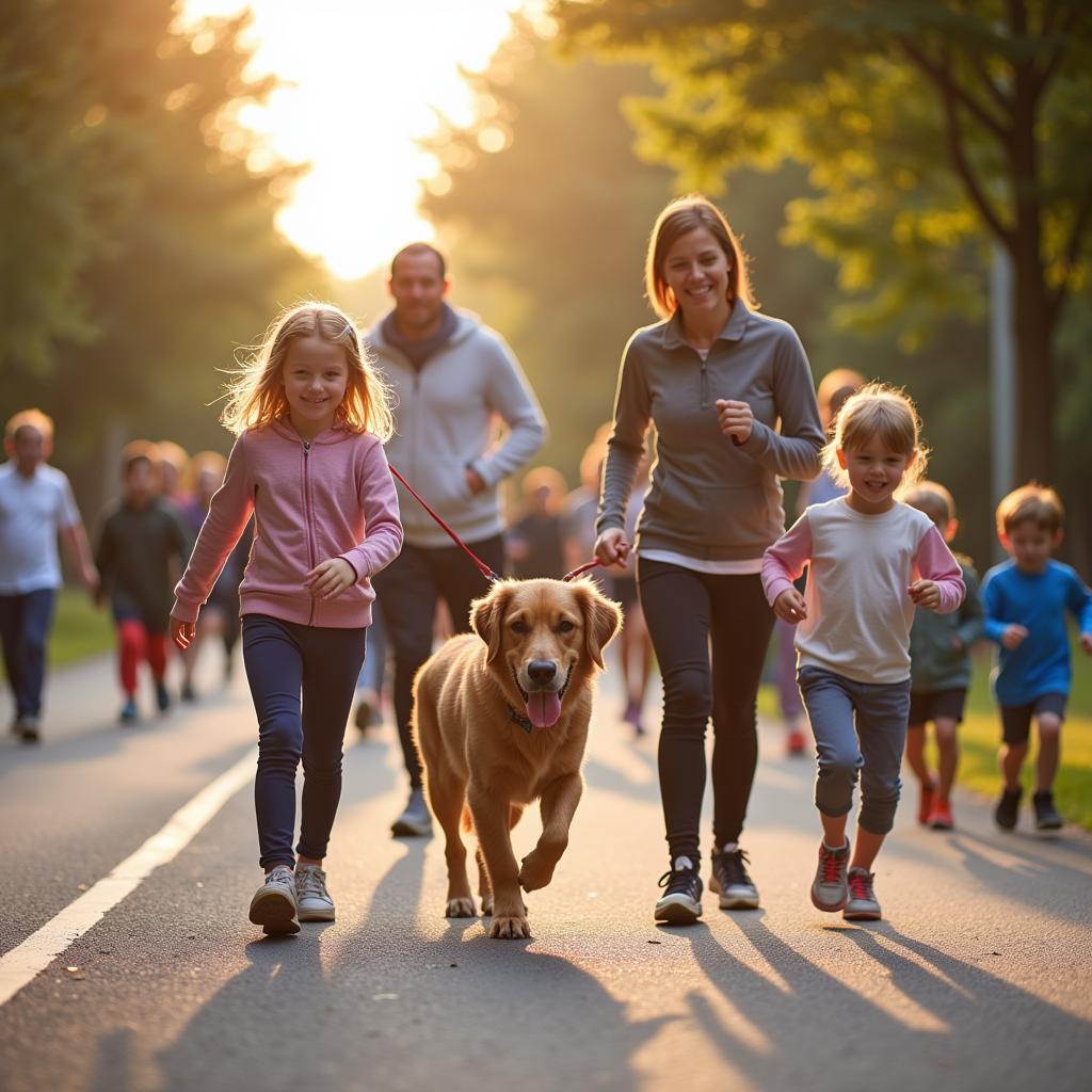 Family participating in a Humane Society 5k run.