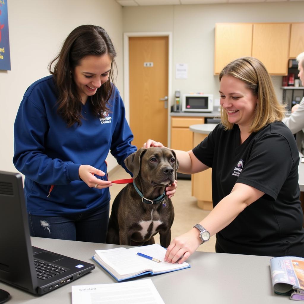 A group of smiling staff members gathered for a meeting at the Humane Society of Missouri