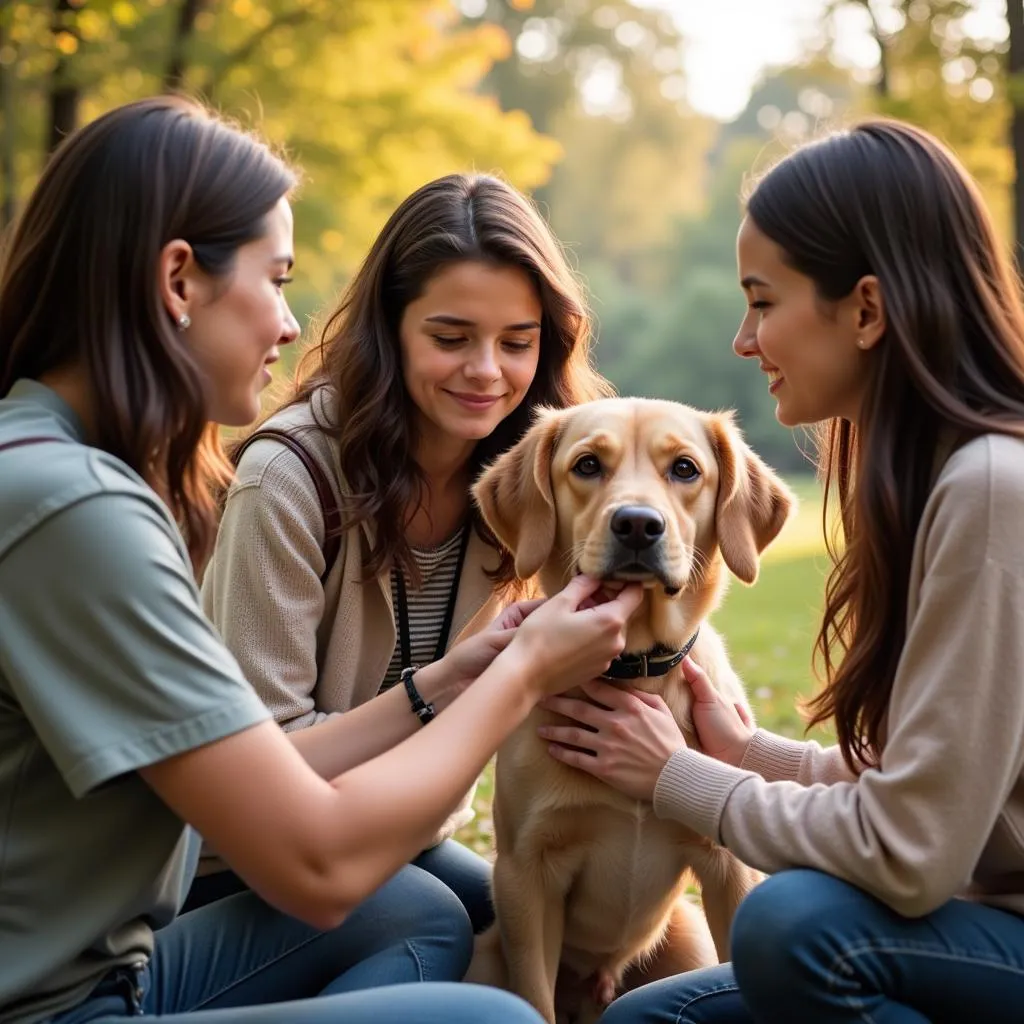 An adoption counselor assists a family with their new furry friend