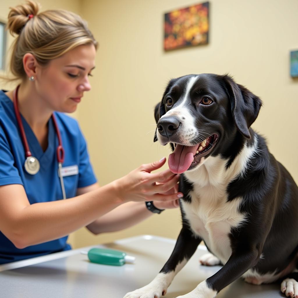 A veterinarian technician examining a dog at the Humane Society of Missouri